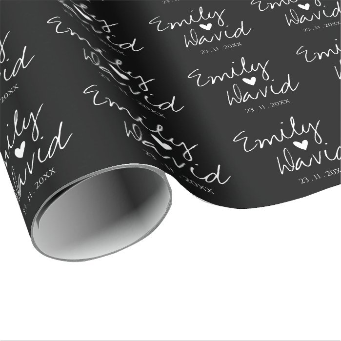 Black White Bride & Groom Names Wedding Wrapping Paper