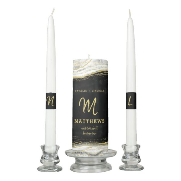 Black White & Gold Geode Agate Wedding Monogram Unity Candle Set