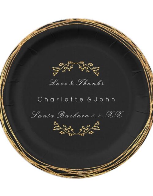 Black White Gold Wreath Floral  Wedding Vip Paper Plate