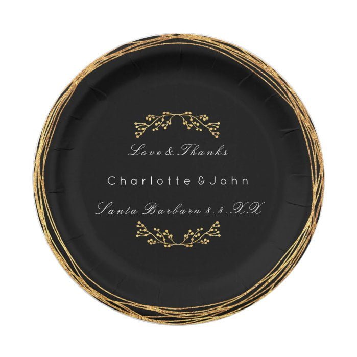 Black White Gold Wreath Floral  Wedding Vip Paper Plate