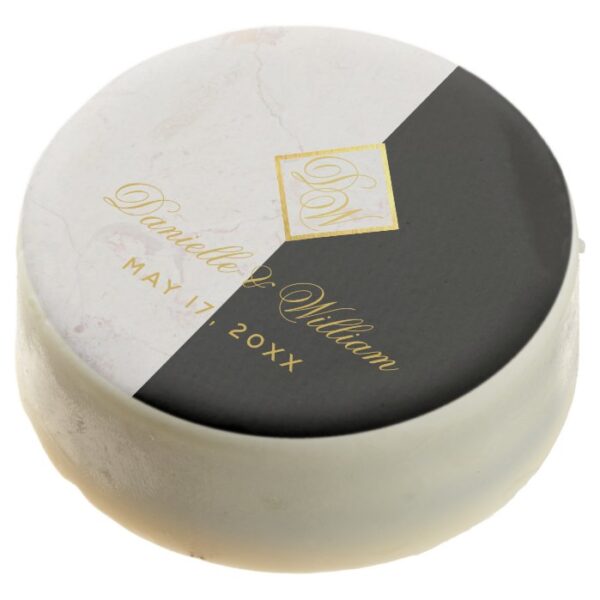 Black White Marble Monogram Gold Elegant Wedding Chocolate Covered Oreo
