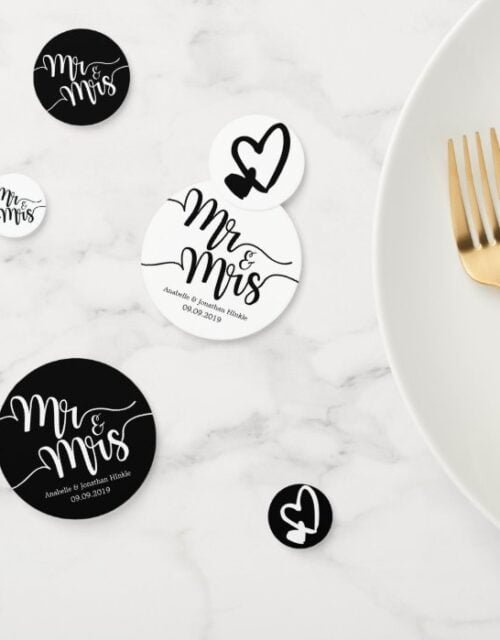 Black & White Script Mr. and Mrs. Hearts Wedding Confetti