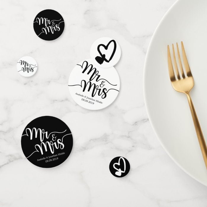 Black & White Script Mr. and Mrs. Hearts Wedding Confetti