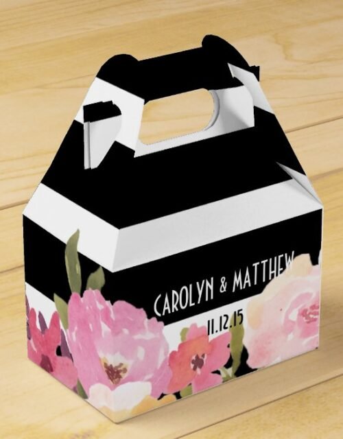 Black White Stripes Watercolor Floral Wedding Favor Box