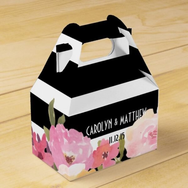 Black White Stripes Watercolor Floral Wedding Favor Box