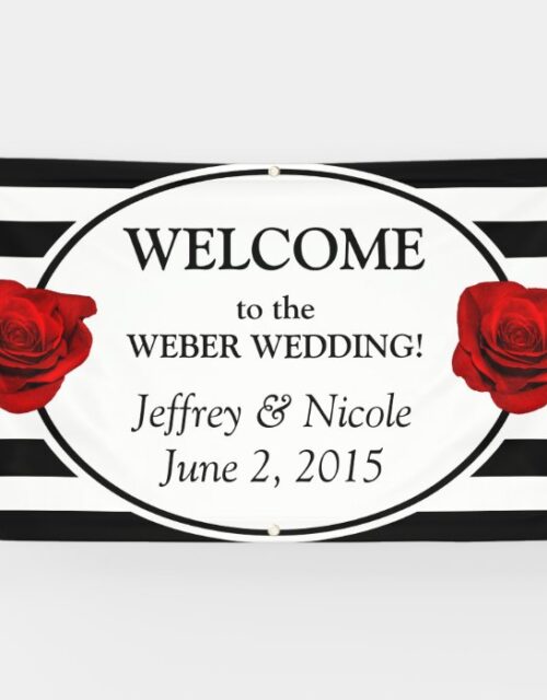 Black & White Stripes with Rose Wedding Banner