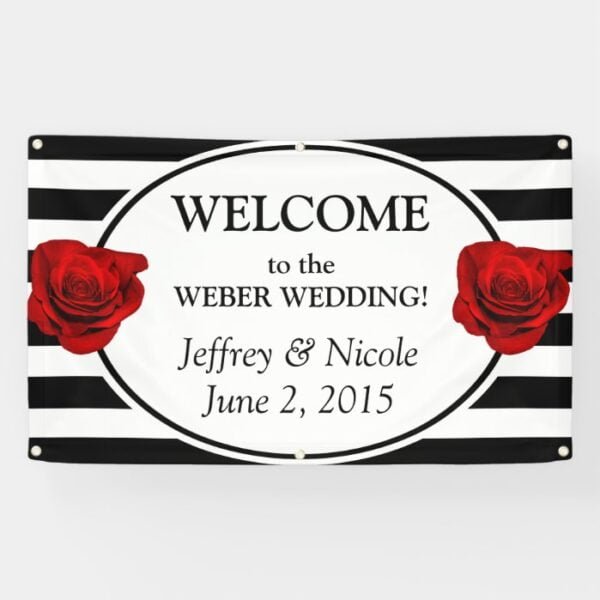 Black & White Stripes with Rose Wedding Banner