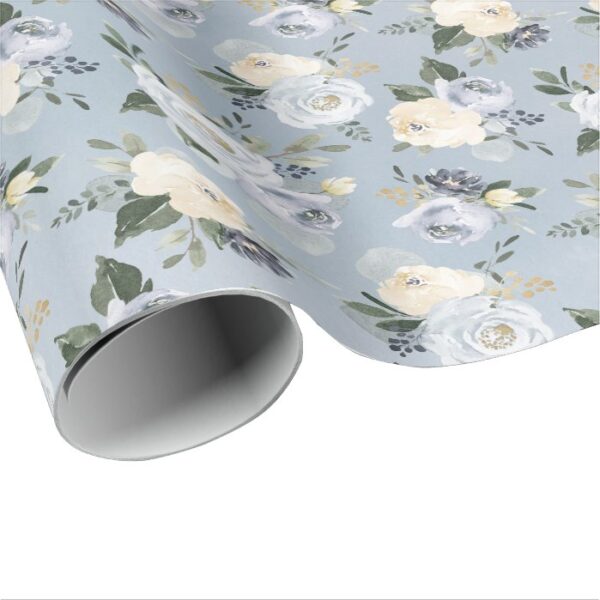 Blooming botanical dusty blue watercolor floral wrapping paper