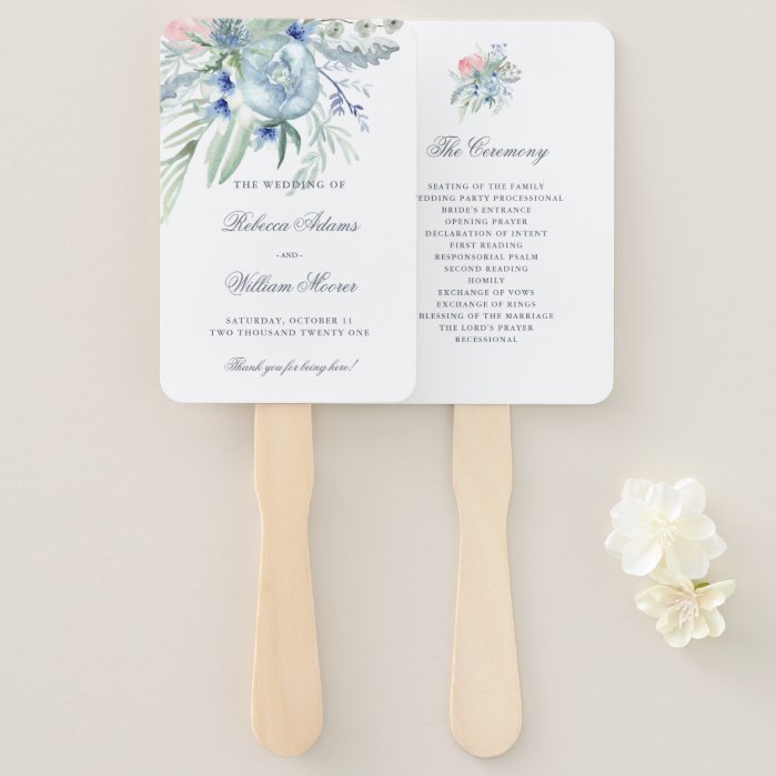 Blue and Pink Peony Watercolor Wedding Hand Fan