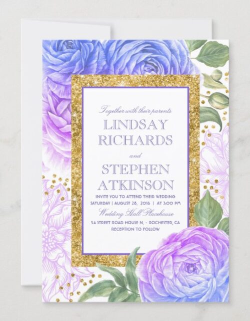 Blue and Purple Floral Gold Confetti Wedding Invitation