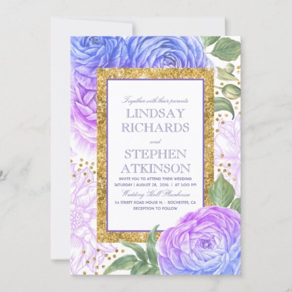 Blue and Purple Floral Gold Confetti Wedding Invitation