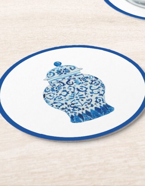 Blue and White Ginger Jar Round Paper Coaster