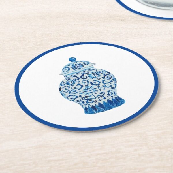 Blue and White Ginger Jar Round Paper Coaster