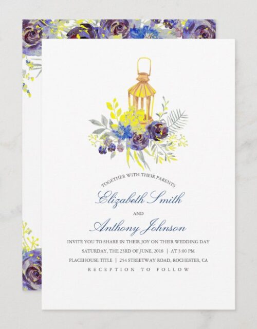Blue and Yellow Floral Lantern Wedding Invitation