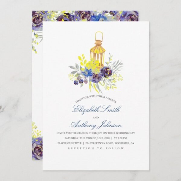 Blue and Yellow Floral Lantern Wedding Invitation