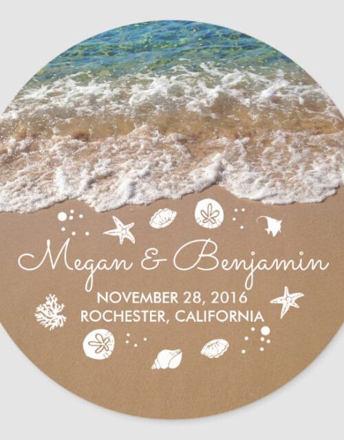 Blue Beach Waves and Sand Romantic Summer Wedding Classic Round Sticker