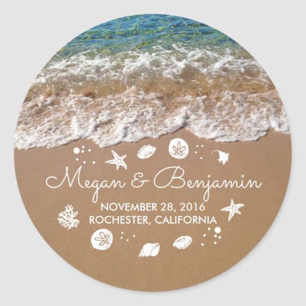 Blue Beach Waves and Sand Romantic Summer Wedding Classic Round Sticker