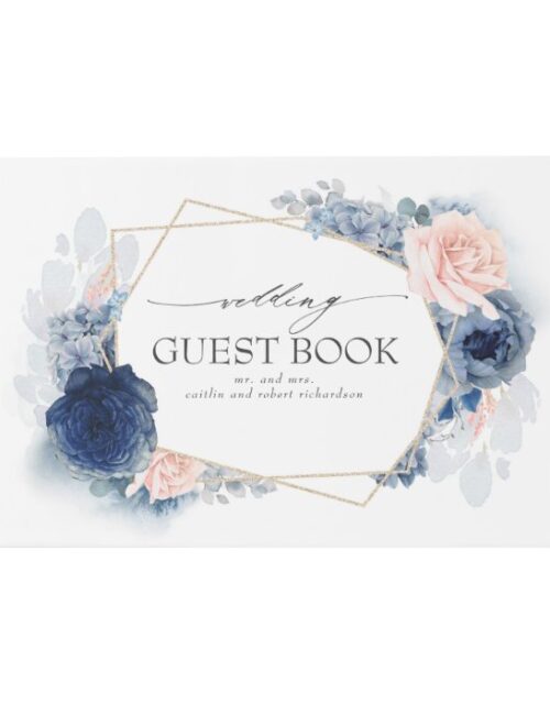 Blue Blush Watercolor Flowers Elegant Wedding Guest Book