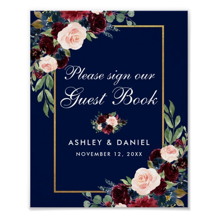 Blue Burgundy Gold Floral Wedding Guest Book