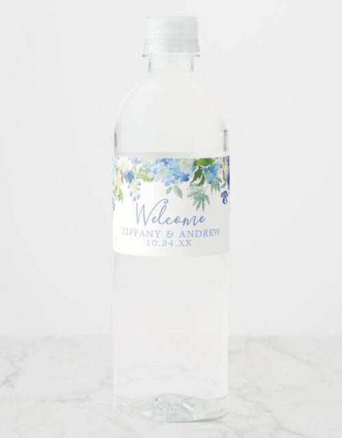 Blue Floral Wedding Welcome Water Bottle Label