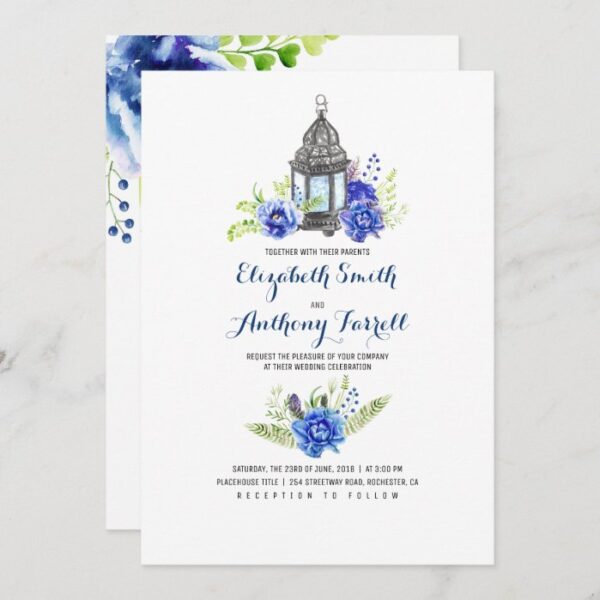 Blue Flowers Vintage Lantern Watercolor Wedding Invitation