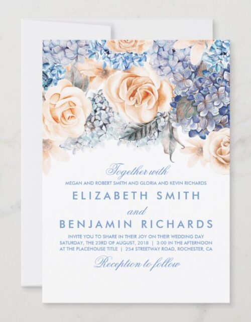 Blue Hydrangea and Peach Flowers - Floral Wedding Invitation