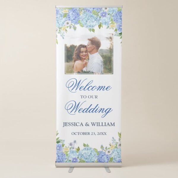 Blue Hydrangea Floral PHOTO Wedding Welcome Retractable Banner