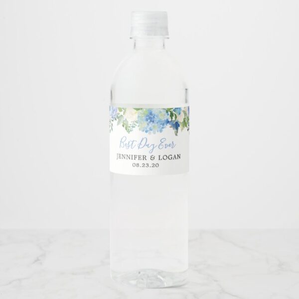 Blue Hydrangea Floral Wedding Water Bottle Label