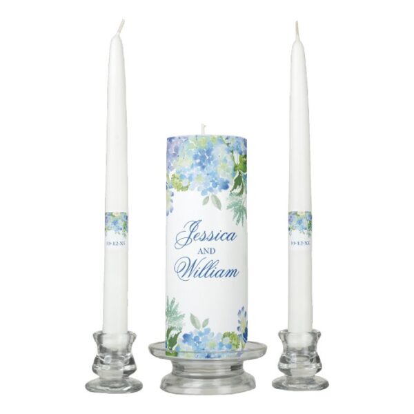 Blue Hydrangea Greenery Floral Unity Candle Set