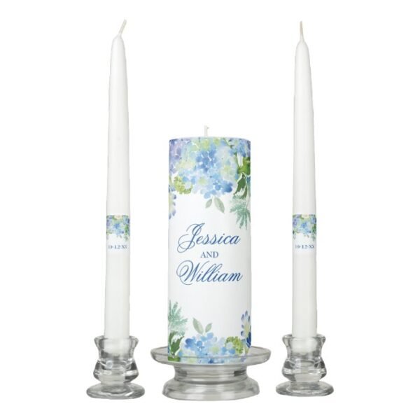 Blue Hydrangea Greenery Floral Unity Candle Set