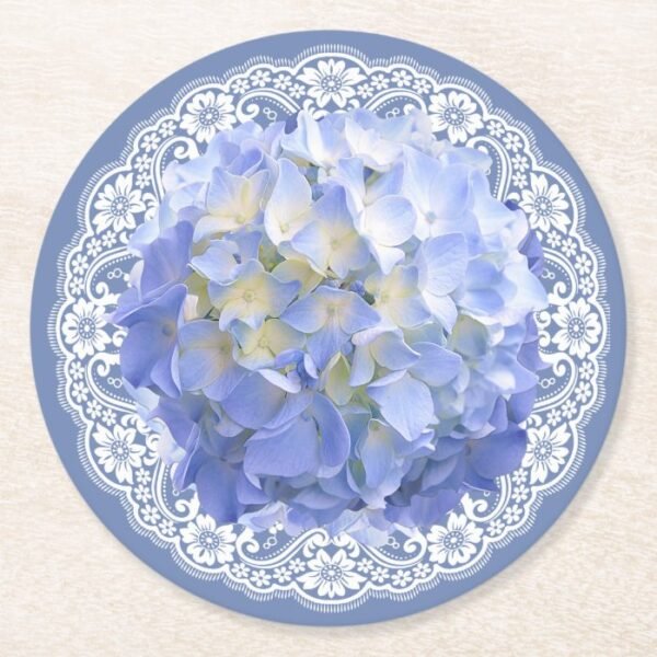 Blue Hydrangea White Lace Party Wedding Reception Round Paper Coaster