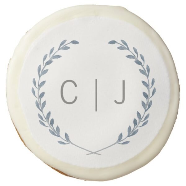 Blue Laurel Monogram Wedding Cookies