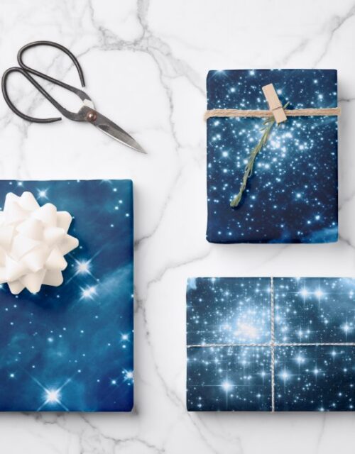 Blue Ombre Sparkly Stars Celestial Mix Wrapping Paper Sheets