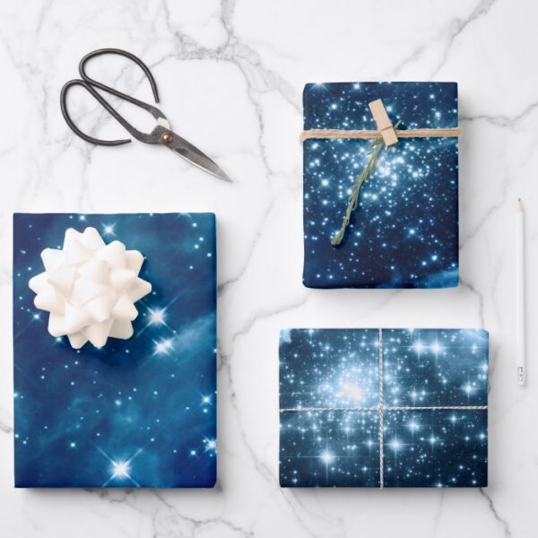 Blue Ombre Sparkly Stars Celestial Mix Wrapping Paper Sheets