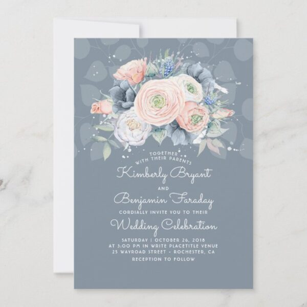 Blue Peach and Pink Floral Elegant Wedding Invitation
