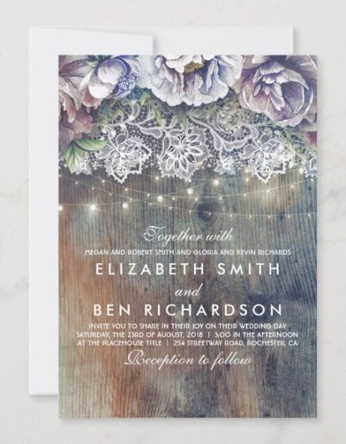 Blue Purple and Plum Vintage Floral Lace Wedding Invitation