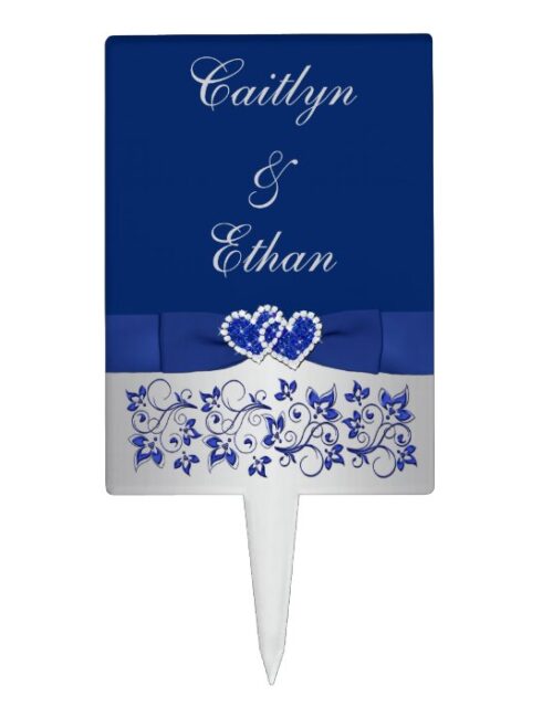 Blue, Silver Floral, Hearts Wedding Cake Pick