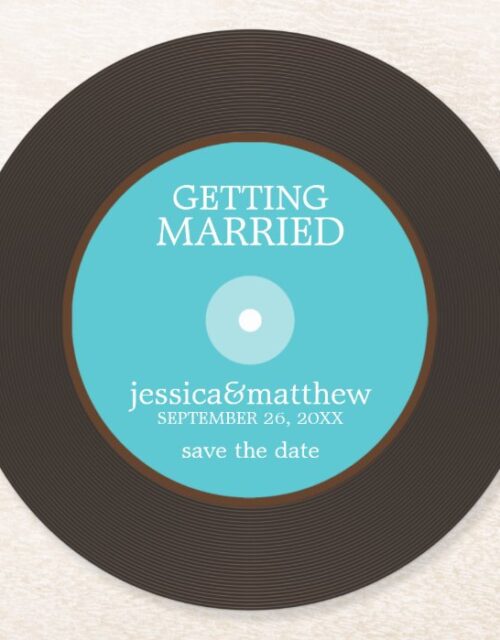 Blue Vinyl Record Wedding Save the Date Wedding Round Paper Coaster