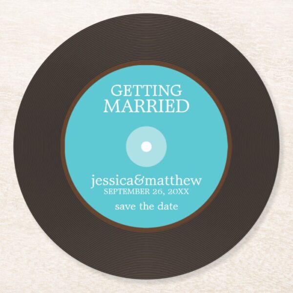 Blue Vinyl Record Wedding Save the Date Wedding Round Paper Coaster