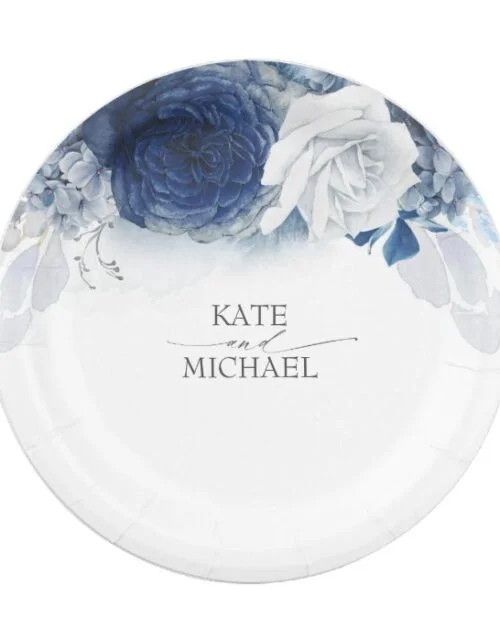 Blue Watercolor Flowers Elegant Wedding Paper Plate