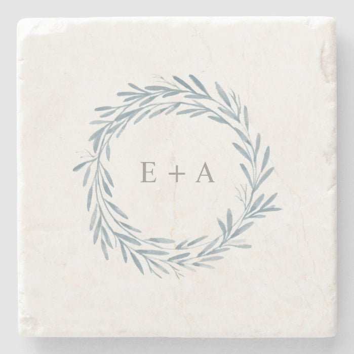 Blue Watercolor Wreath Monogram Wedding Favor Stone Coaster