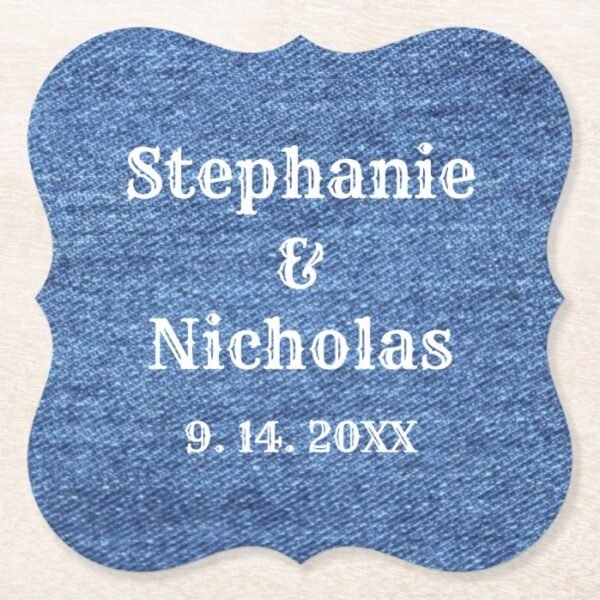 Blue White Denim Theme Wedding Paper Coaster