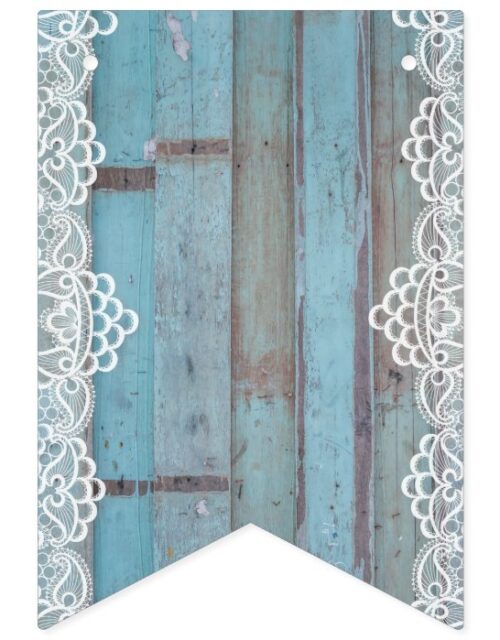 Blue Wooden Panel With White Lace Bunting Flags