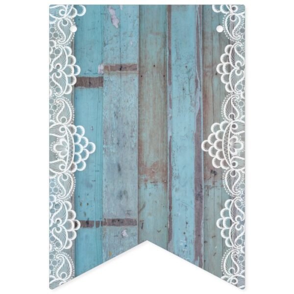 Blue Wooden Panel With White Lace Bunting Flags