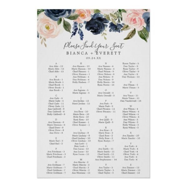 Blush and Navy Flowers Alphabetical Seating Chart