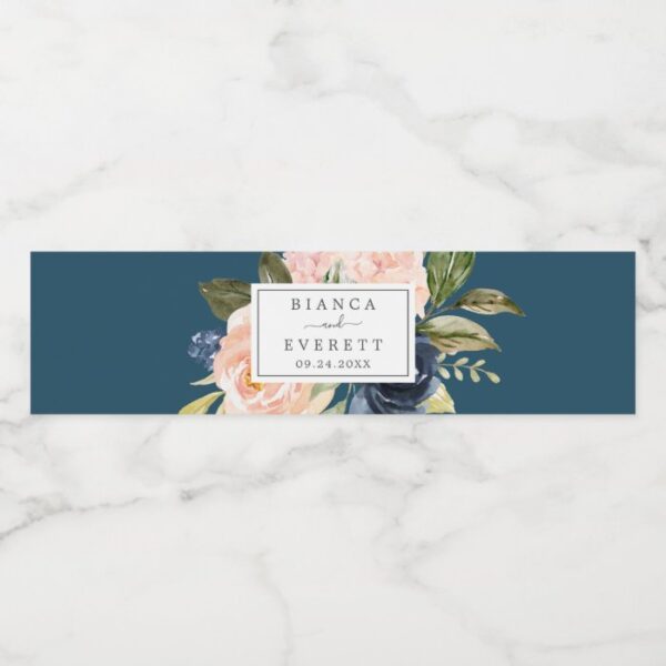 Blush and Navy Flowers | Blue Wedding Water Bottle Label
