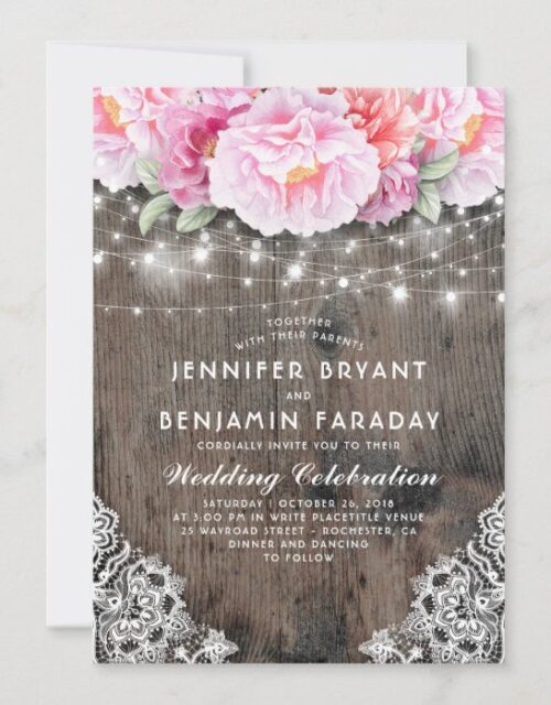 Blush and Pink Floral String Lights Rustic Invitation