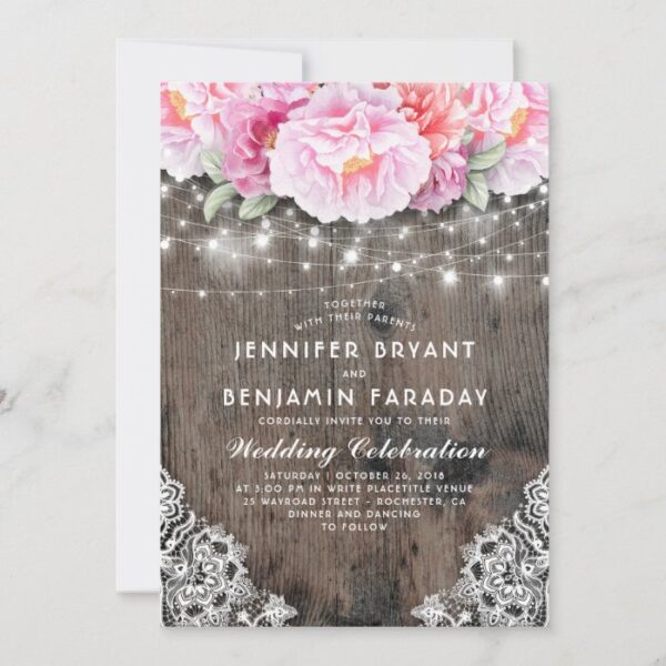 Blush and Pink Floral String Lights Rustic Invitation