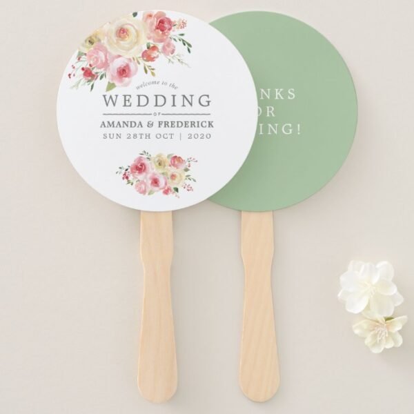 Blush and Sage Green Floral Wedding Favor Hand Fan