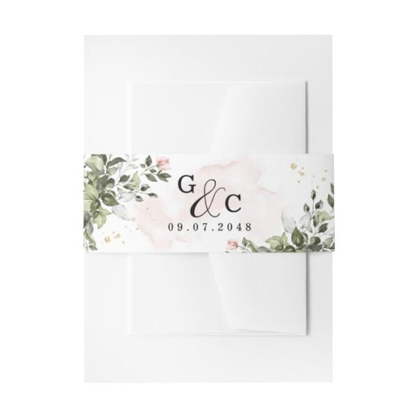 Blush Gold Greenery Succulent Dusty Blue Wedding Invitation Belly Band